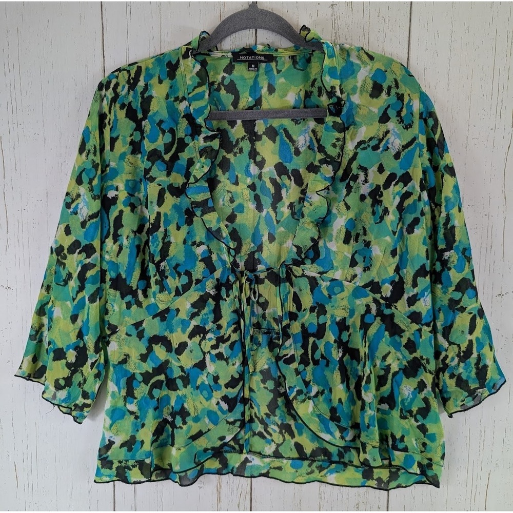 Notations Size‎ Medium Green Blue Print Ruffle 3/4 Sleeve Top